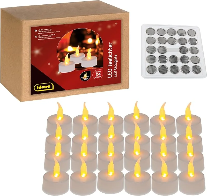 Visita la tienda de Idena Idena 50023 - Velas de té LED, 24 piezas, velas eléctricas con luz parpadeante, pilas incluidas, decoración para bodas, fiestas, navidad, en caja, pascua, como luz de ambiente — Luces Navidad