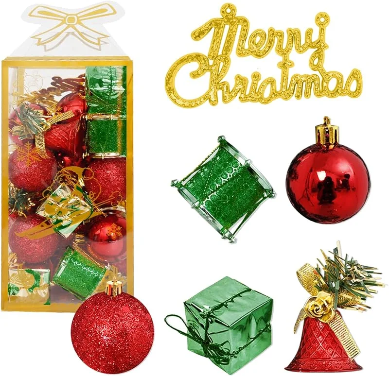 Taeku Bolas de Navidad – Set de 32 Adornos Navideños Irrompibles de 4 cm, Incluye Bolas, Cajas de Regalo, Tambores y Campanas, Decoración para Árbol, Guirnaldas, Coronas y Fiestas (Rojo y Verde) — Decoracion Navidad