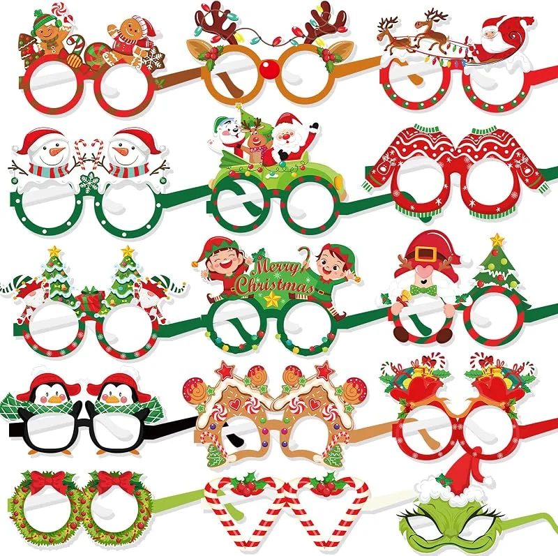 DPKOW 30pcs Papel Divertido Navidad Fiesta Gafas Foto Props Accesorios, Árbol de Navidad Corona Papá Noel Muñeco de Nieve Bastón de Caramelo Hombre Pan de Jengibre Casa Gnomo — Ropa Navidad