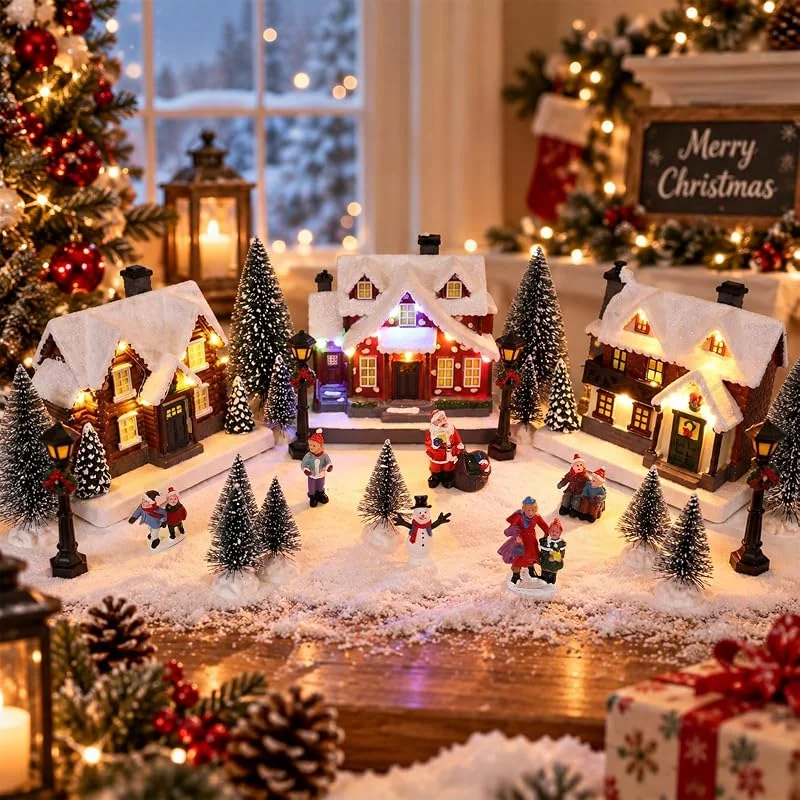 MEETYAMOR Juego de 25 piezas de pueblo de Navidad, casas de pueblo de Navidad iluminadas y accesorios de figuritas, juegos de escena de pueblo de Navidad para el hogar interior — Decoracion Navidad