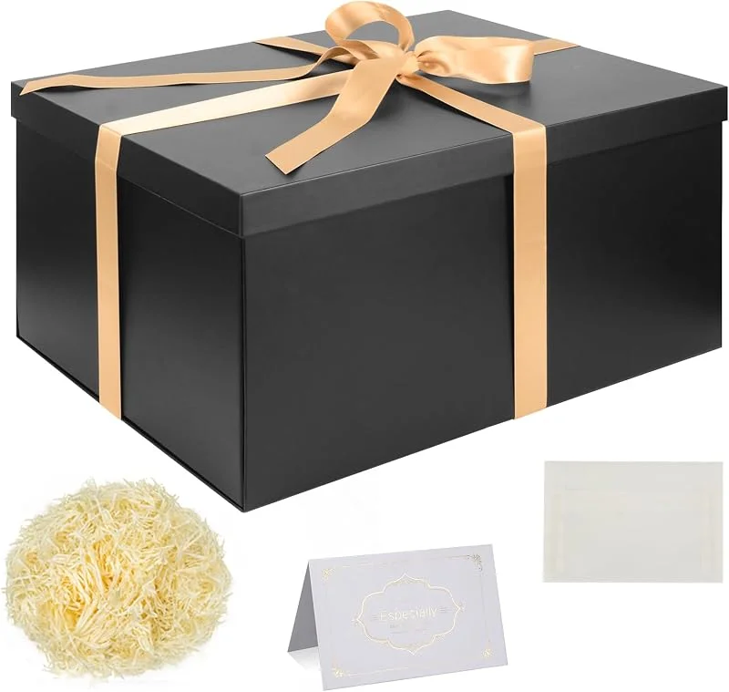 Visita la tienda de KISPATTI Juego Cajas Regalo, Cajas Regalo negro con tapas Caja regalo Grande con cinta 38 x 28 x 19 cm Caja regalo Papel seda triturado Tarjetas felicitación para Navidad Cumpleaños Aniversario Bodas — Envoltorio regalo