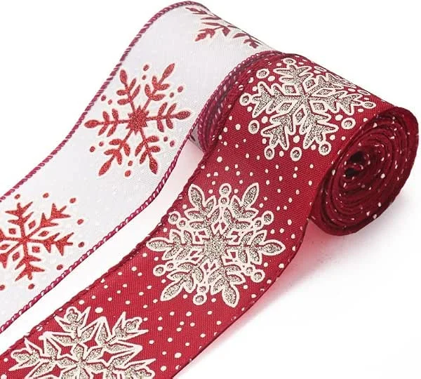CATASTRBT Cinta de Navidad ancha de 6, 3 cm, 2 rollos, cinta para lazos de Navidad de 9 metros, cintas de Navidad con alambre, cinta de regalo de Navidad ancha, Christmas Ribbon para manualidades, decoración — Envoltorio regalo