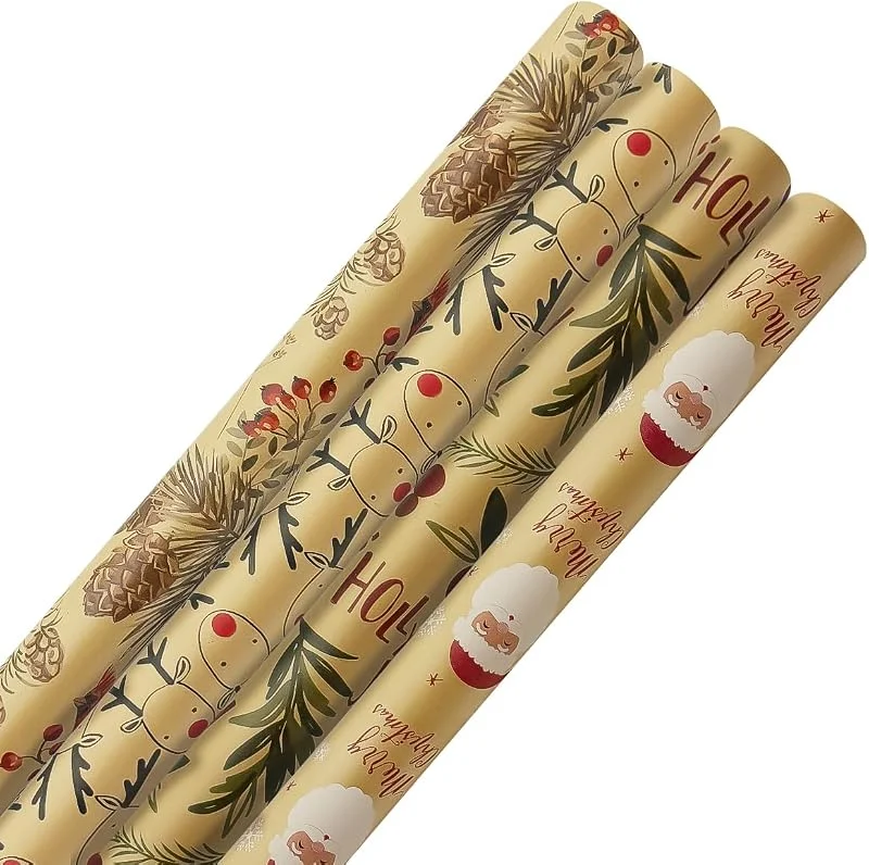 MJNEDY 4 rollos de papel de regalo Kraft, 43 cm x 3 metros, papel de regalo navideño reciclable con estampado de Papá Noel y alce para Navidad, cumpleaños, decoración de regalos de fiesta — Envoltorio regalo