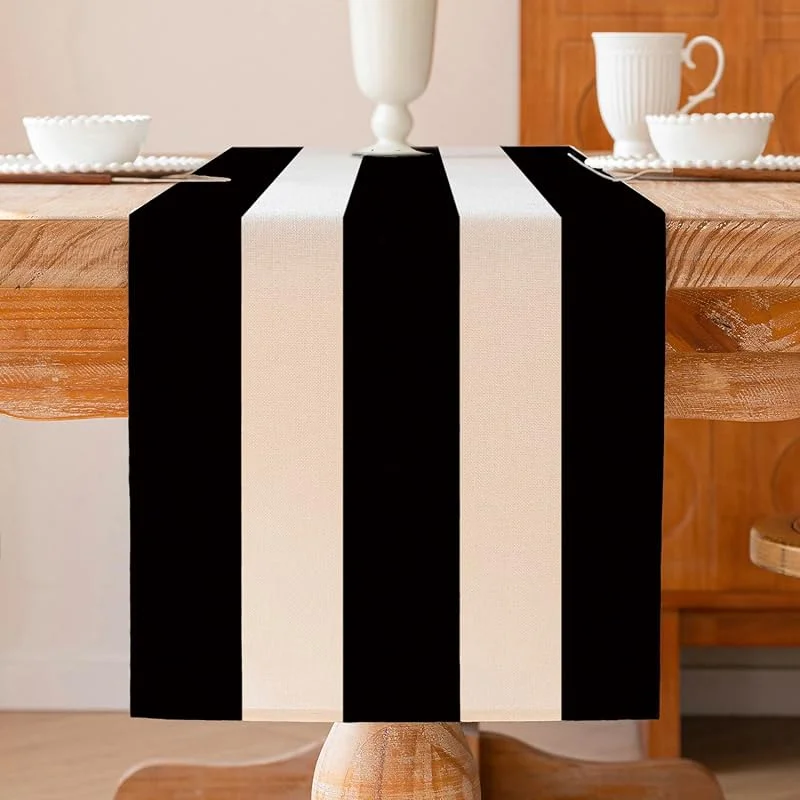 ViaElayu Camino de Mesa Negro Blanco Moderno a Rayas Lavable Invierno Estilo rústico Primavera Camino de Mesa de Cocina Decoración de Mesa de salón Decoración 40 x 140 cm — Hogar y cocina