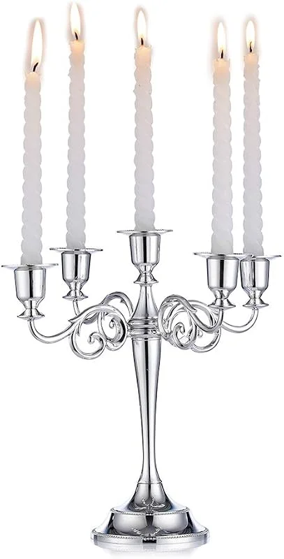 Visita la tienda de Nuptio Nuptio Candelabros de Plata Candelabros de 5 Brazos de 27cm Altura para Velas Cónicas para Bodas Fiestas de Cumpleaños Centros de Mesa y Decoraciones Navideñas — Cena a la luz de velas