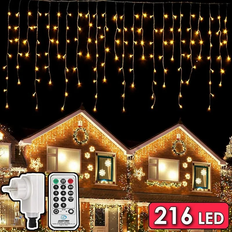 DIWUJI 216 LED Guirnaldas Luces, 5.5M Luces de Cadena, 8 Modos Luz de Carámbano, Iluminación de Cascada Impermeables, Luces Decorativas para Interiores y Exteriores, Navidad, Fiesta, Jardín (Blanco Cálido) — Luces Navidad