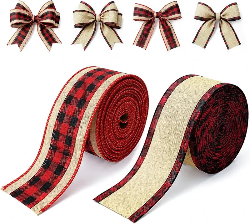 FePen 2 Rollos Cinta Regalo Navidad 6.4 cm, Rojo Negro a Cuadros Yute 10 m (C) — Envoltorio regalo
