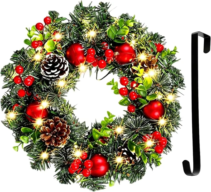 BONJUME Coronas Navideñas, 40CM Corona De Navidad Festiva Decorativa Artificial para Puerta con 30 Luces LED Corona De Adviento Decoración De Pared Chimenea Y Hogar Interior Y Exterior — Decoracion Navidad