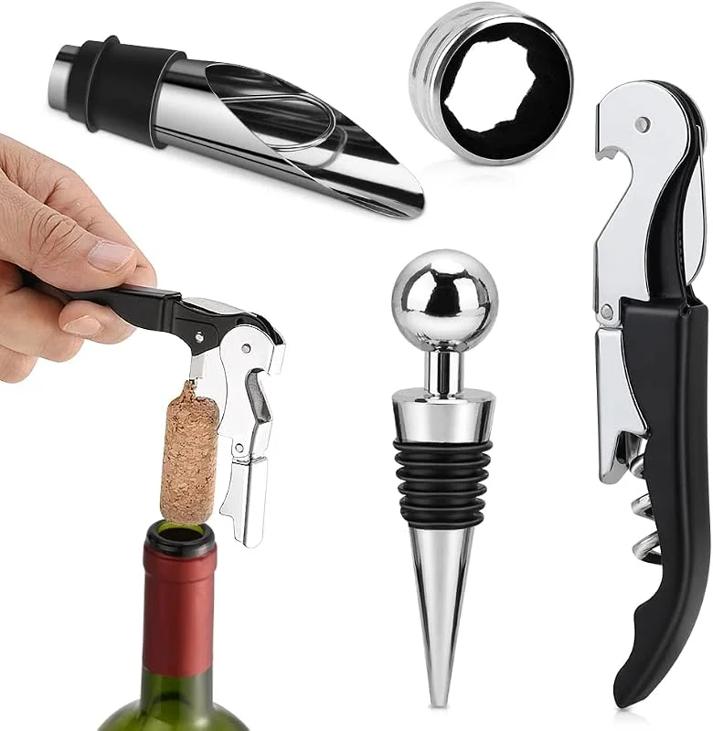 Tigerkinwit Abrebotellas 4 piezas sacacorchos Set Acero Inoxidable Kit de Apertura Botella de Vino Tapón para Vino Abrebotellas Vertedor Anillo de Goteo — Vino y mesa festiva