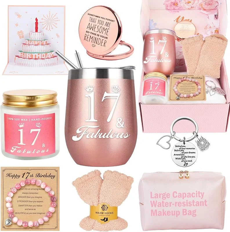 Awfrky Regalos de cumpleaños número 17 para niñas, cesta de feliz cumpleaños número 17, caja de regalo para mejores amigas, hijas, hermanas, su novia, compañera de trabajo, mejor amiga, cumpleaño único — Vino y mesa festiva
