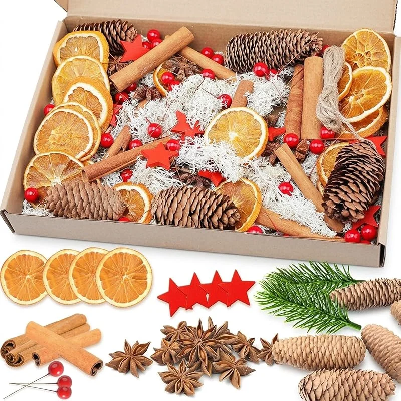 YUNSTK 112 coronas de Navidad decorativas, popurrí, decoración navideña, corona de Adviento con piñas, palitos de canela, rodajas de naranja secas, anís estrellado, cuerda de yute, musgo y pentagrama — Adviento y mesa