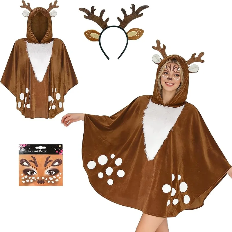 Forbabe Disfraz de reno para mujer, capa de ciervo, con orejas de reno, diademas y purpurina, tatuaje facial, disfraz de ciervo, animal, disfraz para carnaval, Navidad, fiesta temática — Ropa Navidad