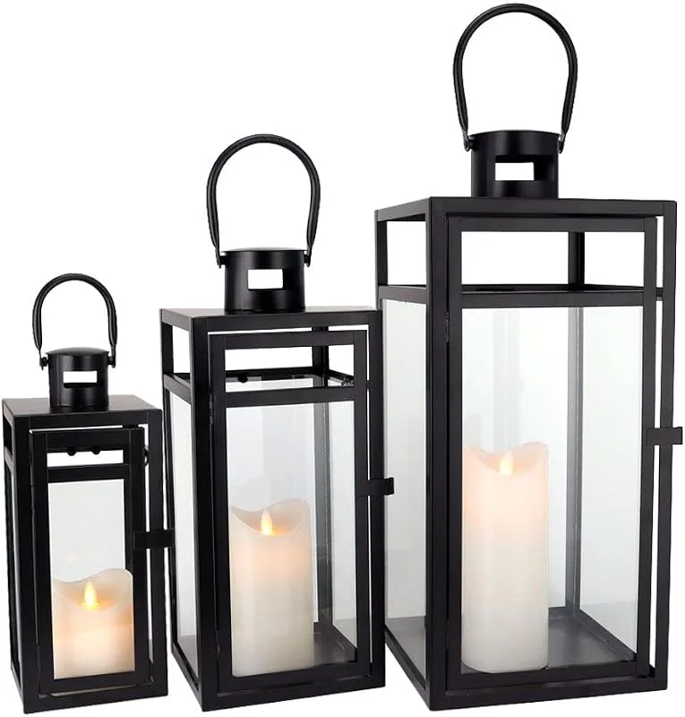 TRIROCKS Set de 3 Faroles Decorativos de Metal, Soportes Colgantes para Vela de 48, 38, 30 cm con Vidrio Templado para Decoración de Sala, Fiestas y Jardín (Negro Mate) — Cena a la luz de velas