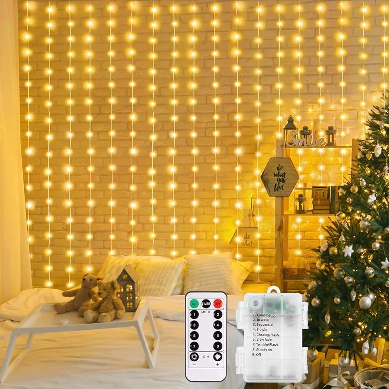 DBFAIRY Cortina de Luces de Hadas 2x2M para Interiores, 200 LED Guirnalda de Luces con 8 Modos, Temporizador, a Pilas e Impermeable para Fiestas, Bodas y Decoración (Blanco Cálido) — Luces Navidad