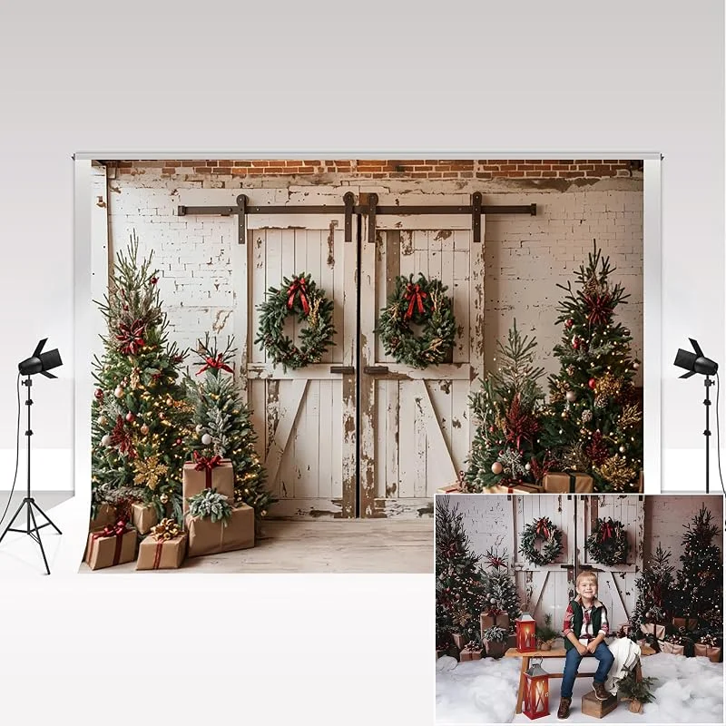 Visita la tienda de Kate Kate Navidad Blanco Retro Puerta de Madera Fotografía Telones de Fondo 3x2m, 10x6.5ft Árbol de Navidad Puerta de Granero Shabby Bebé Adulto Retrato Familiar Fondo Decorativo Photocall Photo Studio — Decoracion Navidad