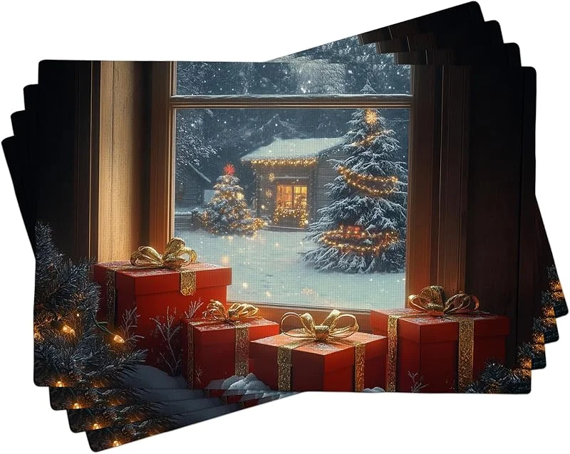 Generic Juego de 4 manteles individuales de Navidad para invierno, manteles individuales decorativos rojos para mesa de comedor festiva, lavables para interiores y exteriores, manteles de Navidad de 18 x 12 — Hogar y cocina