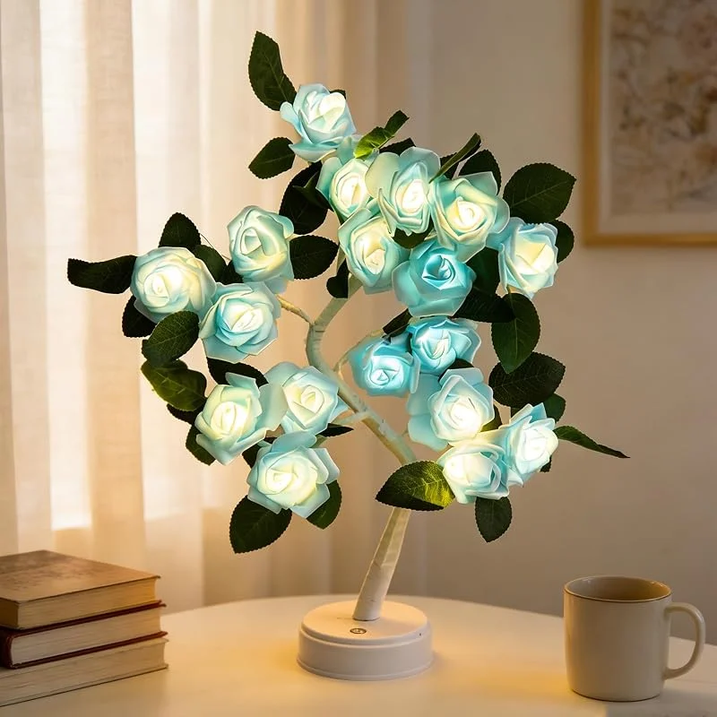 Visita la tienda de Richaa Lámpara de mesa con 18 luces LED, diseño de rosas, para el hogar, boda, Navidad, salón, dormitorio, fiesta, boda, color azul — Cena a la luz de velas