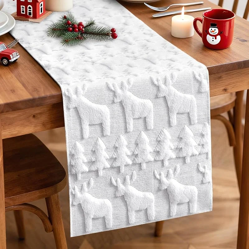 Artscope Camino de Mesa Navidad de Terciopelo 40x140cm, Decoracion Suave Camino Mesa Navidad de Fiestas y Cocinas al Aire Libre (Blanco - Árboles de Navidad y Alces) — Hogar y cocina