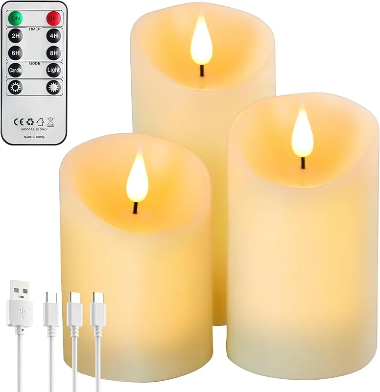 Forever Speed 3 Piezas Velas LED Recargable con Mando a Distancia, Regulable Velas Sin Llama con Cable de Carga USB para La Decoración Casera del Partido, Acampar, Boda, Regalos — Cena a la luz de velas