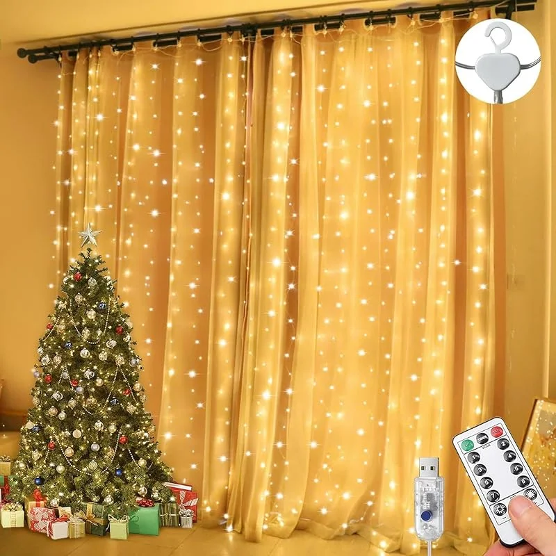 Visita la tienda de Lezonic Luces de cadena de cortina impermeables, 3 m × 3 m 300 LED ventana hadas luces con 8 modos de control remoto temporizador brillo ajustable, fiesta, boda (blanco cálido) — Luces Navidad
