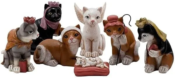 DRW Belén Misterio de Gatos de 7 Piezas de Resina Pintado a Mano de 10 cm de Alto — Decoracion Navidad