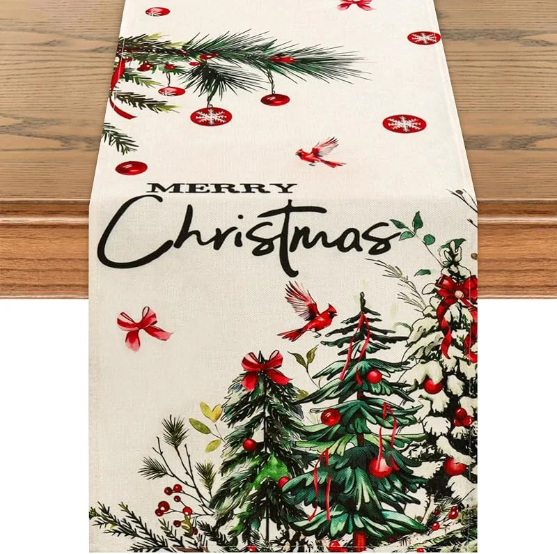 ASTNIC Camino de Mesa Navidad, Camino de Mesa Moderno de Lino Beige con Arbol de Navidad de Campanas Rojo y pájaros Estampado diseño, Adornos Navideño para Decoracion Navideños Hogar, 183 x 32 cm — Hogar y cocina