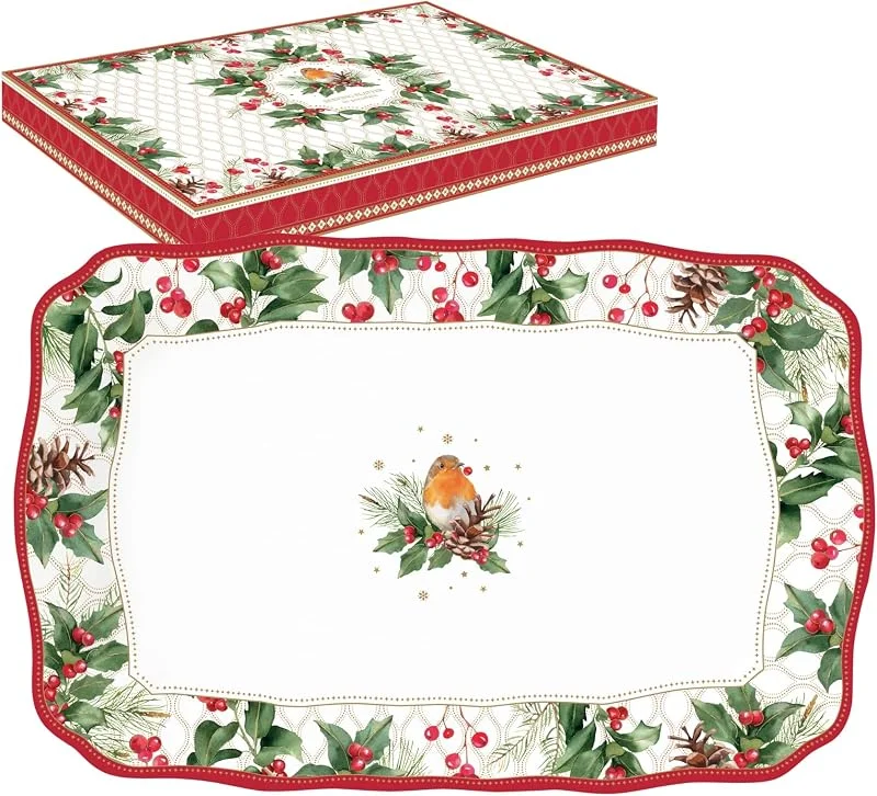 Easy Life Caja Plana DE Servicio 35X23 CM EN Porcelana Cristmas Berries — Hogar y cocina