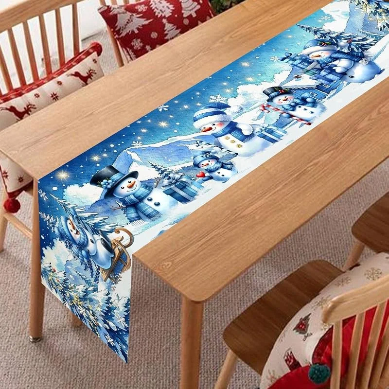 1 camino de mesa de Navidad de poliéster, 70.87 x 13.78 pulgadas, estampado de muñeco de nieve azul, copo de nieve, decoración festiva para comedor, cocina, fiesta, decoración navideña del hogar — Adviento y mesa