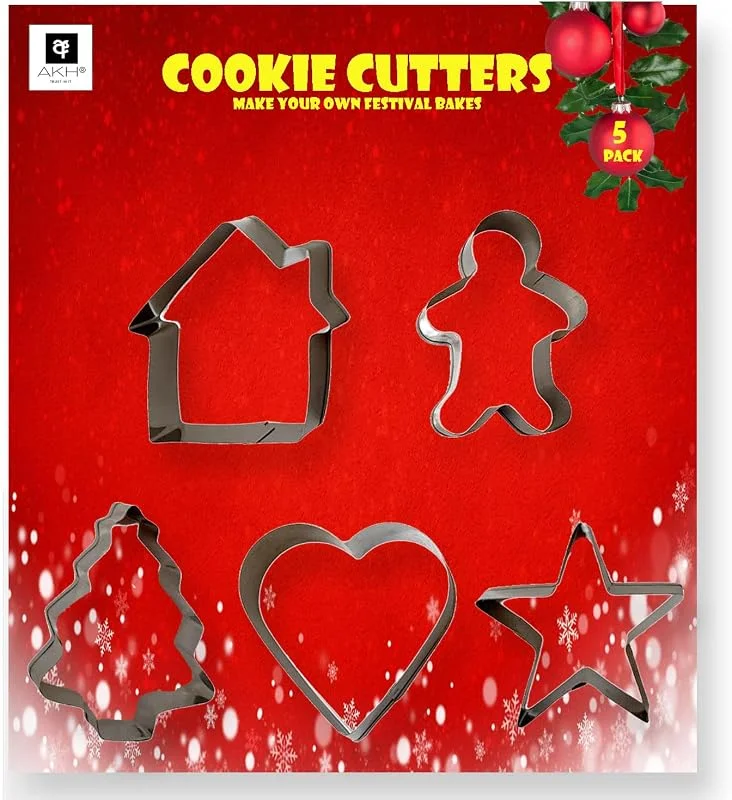 AKH® Juego de 5 cortadores de galletas de Navidad, acero inoxidable, cortadores de galletas de Navidad, árbol de Navidad, casa, estrella, corazón, hombre de jengibre, sello de galletas de Navidad para — Hogar y cocina