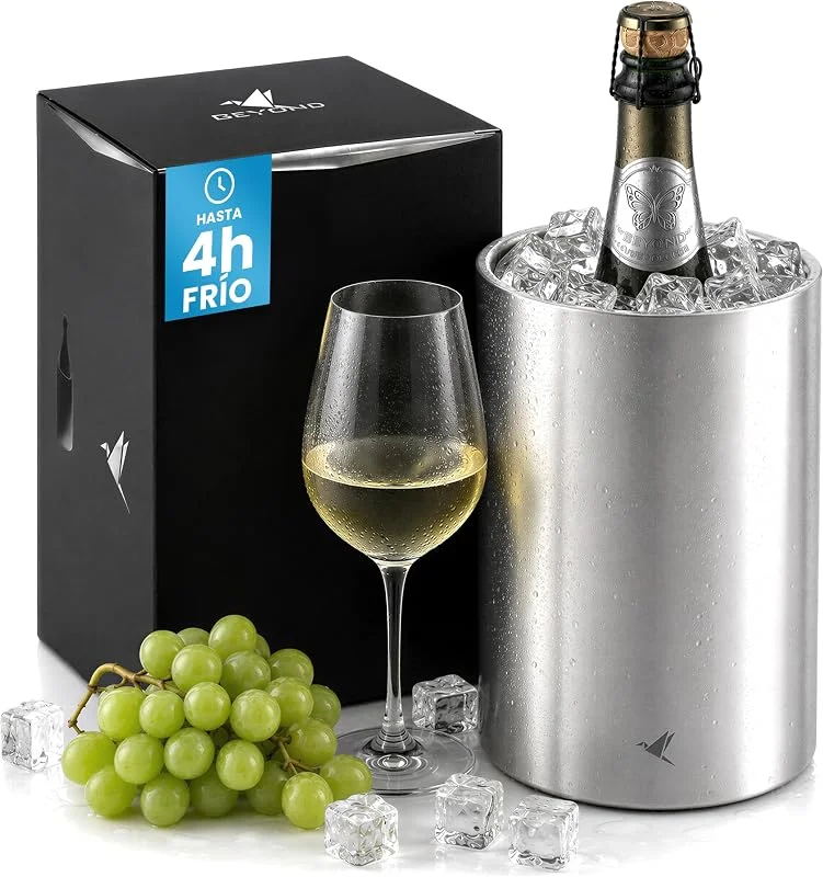 Beyond Enfriador de Botellas de Vino Acero Inoxidable para Champán y Cava, Cubitera para Cava de Doble Pared, Enfriador de Bebidas, Set de Regalo Hombre Mujer, Accesorio Vino, Idea de Regalo - Plata — Vino y mesa festiva