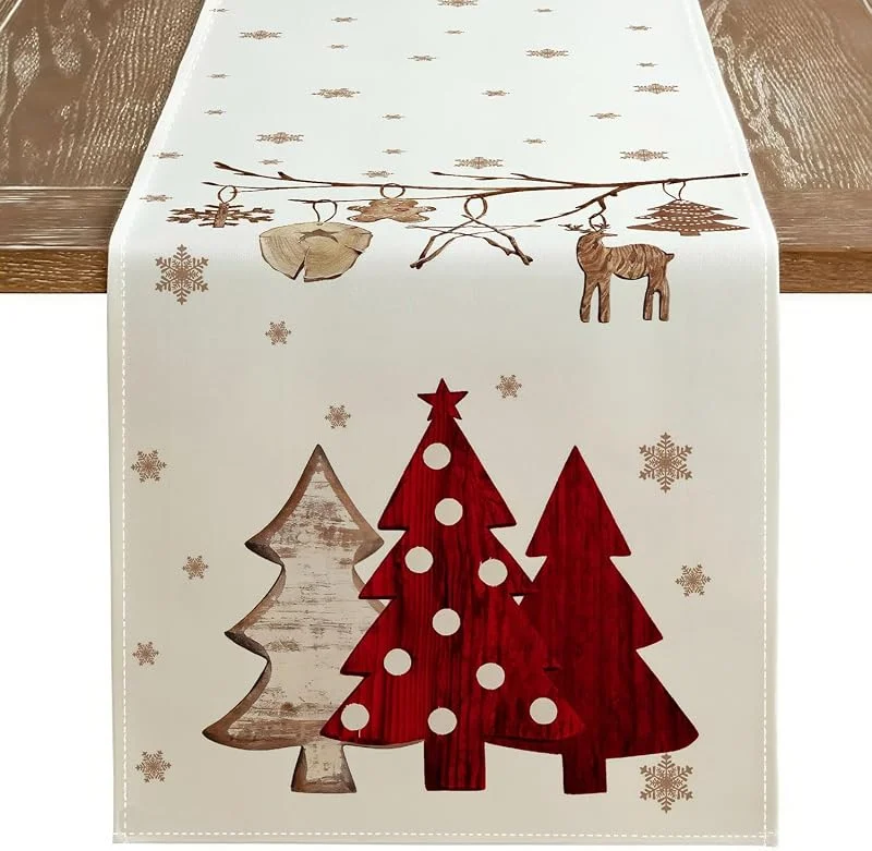 Kiatuniya Camino de Mesa Navidad Diseño de Árbol Marrón y Rojo Centro de Mesa 40x140 — Hogar y cocina