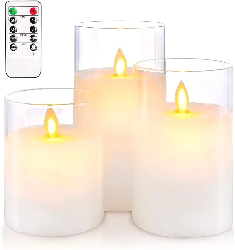 HIYAA Velas LED sin llama, velas de vidrio transparente que funcionan con pilas parpadeantes con control remoto, mecha 3D, velas LED realistas de luz cálida parpadeante con temporizador para — Cena a la luz de velas