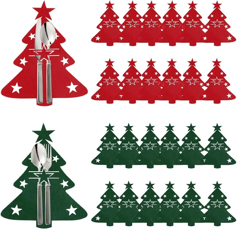 ACTOYS Soporte para cubiertos de árbol de Navidad, 24 unidades, ACTOYS para cubiertos de fieltro, Navidad, bolsa para cubiertos para árbol de Navidad, color rojo y verde, juego de soporte para cubiertos de — Adviento y mesa