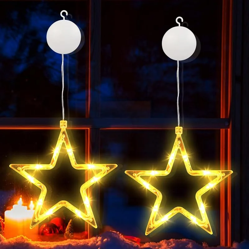 BrizLabs Luces de Ventana de Decoración Navideña, 2 Piezas 10 LED Luces de Estrella de Navidad Batería Luces de Hadas Temporizador Ventosas para Balcón Interior Exterior Árbol Casa Boda, Blanco Cálido — Decoracion Navidad