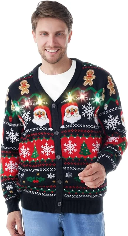 Giggling Getup Suéteres feos de Navidad para hombre, suéter feo divertido con luz para hombre, suéter cárdigan para hombre — Ropa Navidad