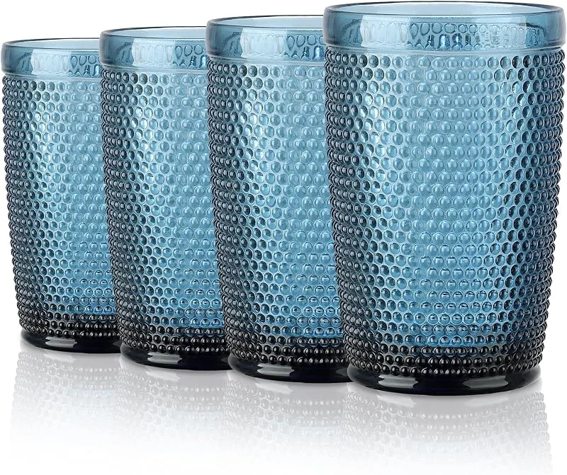 Visita la tienda de Joeyan Joeyan Set de 4 Vintage Vasos de Cristal Agua Azules con Relieve, 350ml — Adviento y mesa