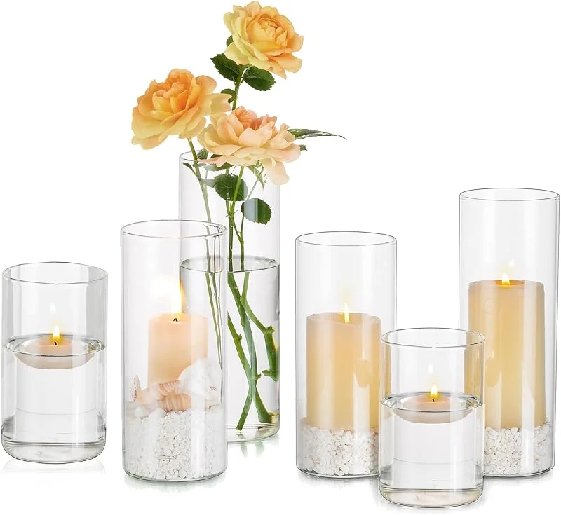 Hewory Porta Velas de Huracán de Vidrio Hewory Conjunto de 6, 10, 15, 20 Cm Porta Velas de Vidrio para Velas de Pilar, Velas Flotantes, Jarrones de Cilindro de Vidrio para Centro de Centro de la Boda — Cena a la luz de velas