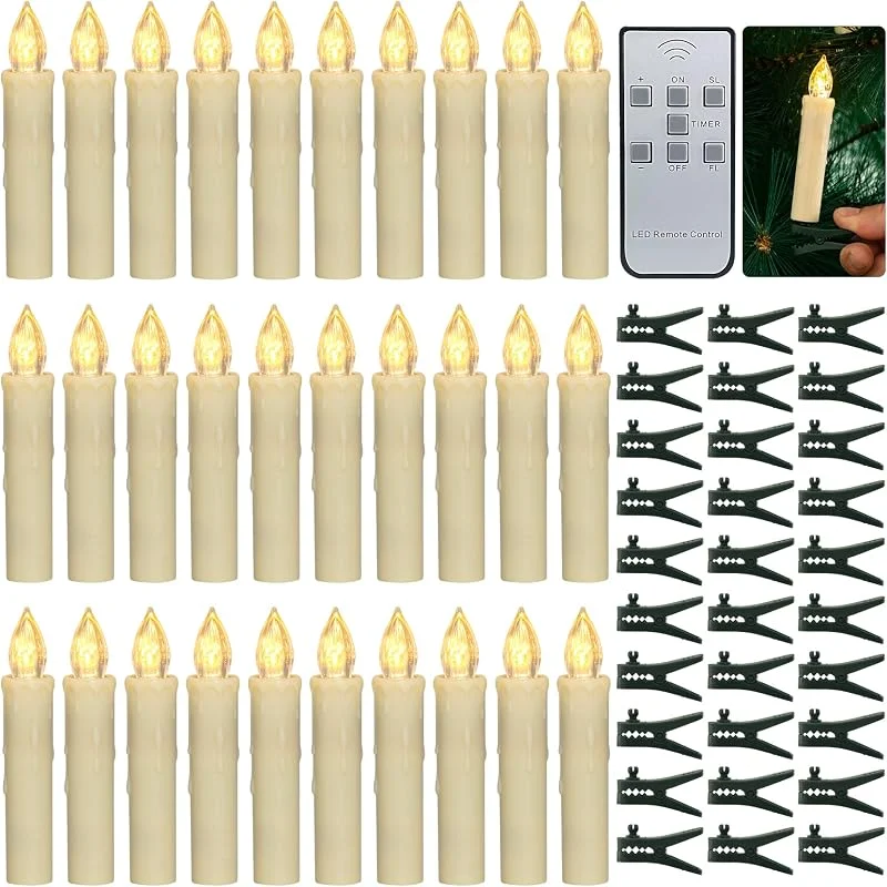 Visita la tienda de PChero PChero Velas para arbol de Navidad, 30 Velas cónicas de batería parpadeantes sin llama LED con control remoto para la fiesta en el hogar Decoración de árboles de Navidad al aire libre en interiores — Luces Navidad