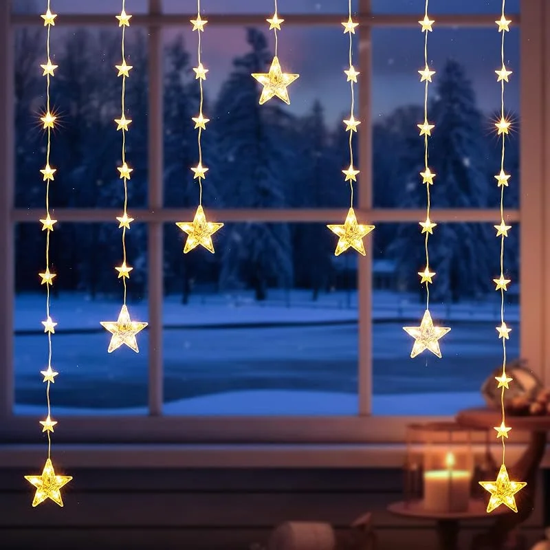 Visita la tienda de Quntis Quntis Cortina de Luces Navidad 1.5M, 74 LEDs Luces de Navidad Estrellas a Pilas IP65 Impermeables con 8 Modos y Temporizador, Estrellas Cortina Luces para Interior Exterior Ventana Balcón Fiesta