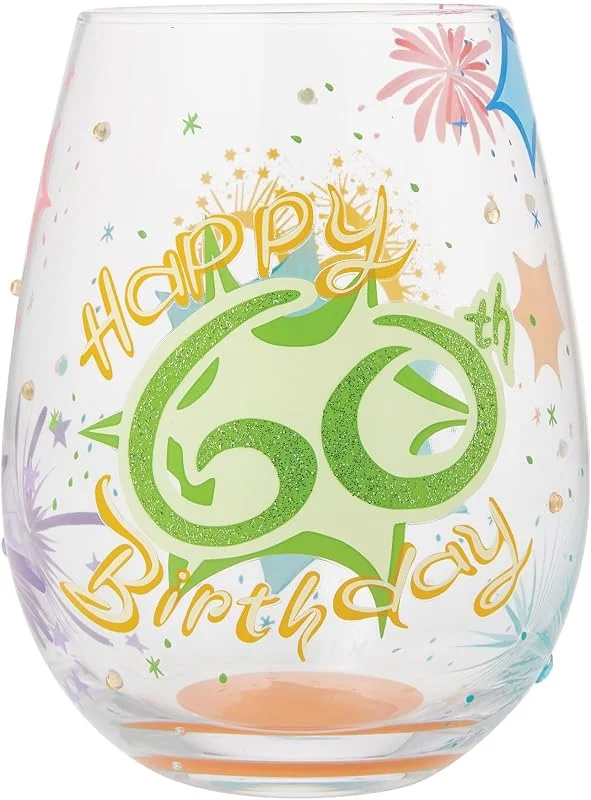 Enesco Lolita Designs Happy 60th Birthday - Copa de vino artesanal pintada a mano sin tallo, 20 onzas, multicolor — Vino y mesa festiva