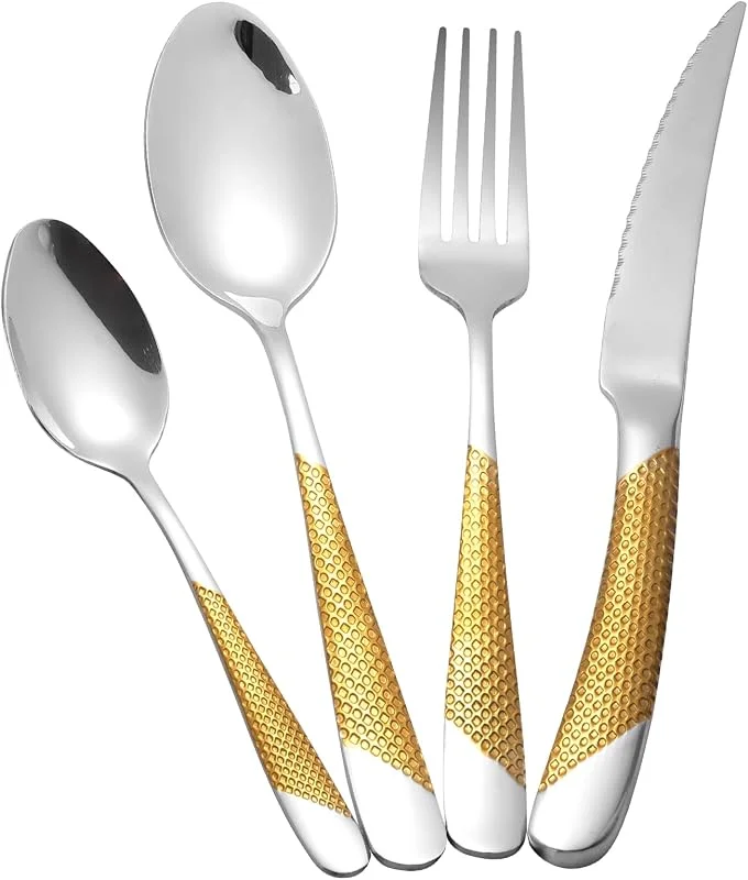 LBCIUCWS Juego de cubiertos de plata oro de 24 piezas, martillados de acero inoxidable 18, 10, Juego de cubiertos para 6 personas, Juego de cuchillos tenedores cucharas — Adviento y mesa