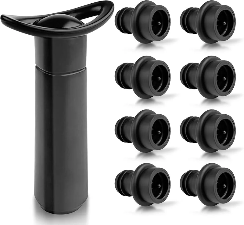 Crynvor Bomba de Vacio con 8 Tapones de Vino, Tapon Bombas Vacio, Wine Dispenser, Vertedores para Expulsor de Vino, Dispensador sin Quitar el Corcho, para Mantiene el Fresco — Vino y mesa festiva