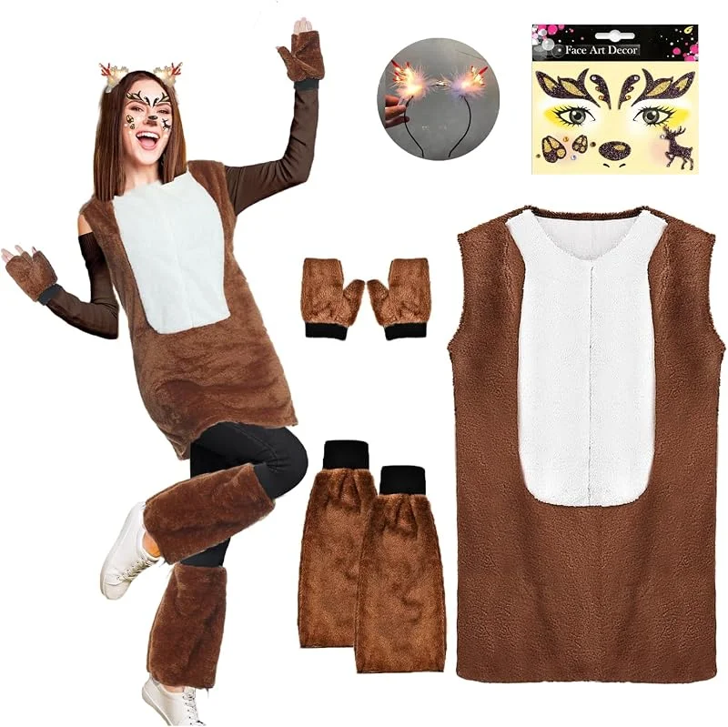 LXWINNER Disfraz Reno Mujer, Vestido de Peluche Diadema con Cuernos de Reno y Cubrebotas, Cara Ciervo Tatuaje, Vestido de Ciervo Marrón, Disfraz de Reno Animal Adulto, Carnaval, Fiesta Temática, Cosplay, Navidad — Ropa Navidad