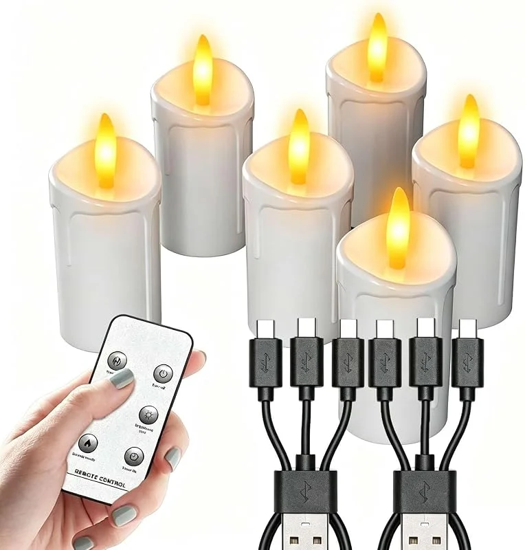 AMJYEW Pack de 6 Velas LED Recargables sin Llama, Velas Eléctricas con Mando a Distancia y Temporizador, Reutilizables, hasta 4 Días de Autonomía, Decoración para Hogar y Bodas — Cena a la luz de velas