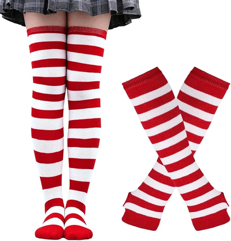 JchEnye 1 Par de calcetines mediano-altos con rayas rojas y blancas, estilo sobre rodilla. Ideal para actuaciones navideñas y uso cotidiano. Además, par de guantes para adultos. — Ropa Navidad