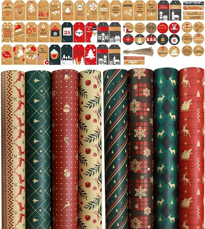 SUVEK Papel de Regalo Navidad 8 Hojas, Papel Regalo Navidad con 60 Etiqueta, Papel Envolver Regalo Navideño, Wrapping Paper, Papel de Regalo Cumpleaños — Envoltorio regalo