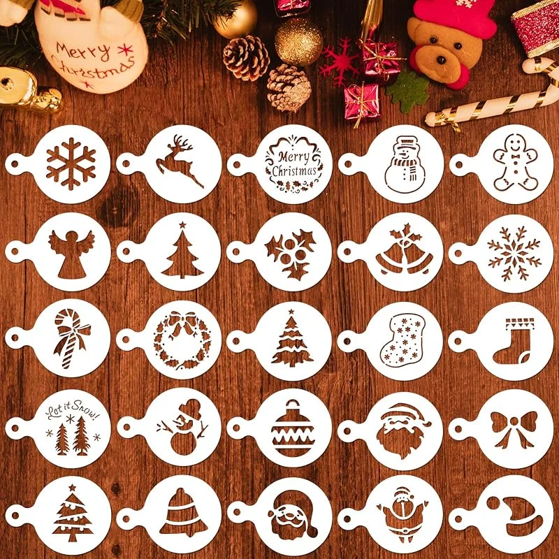 Qpout 25 Plantillas de decoración de café navideño, Molde de Estampado de decoración de café Fondant de Galletas de Fiesta de Navidad, muñeco de Nieve para árbol de Navidad de Santa Claus — Hogar y cocina