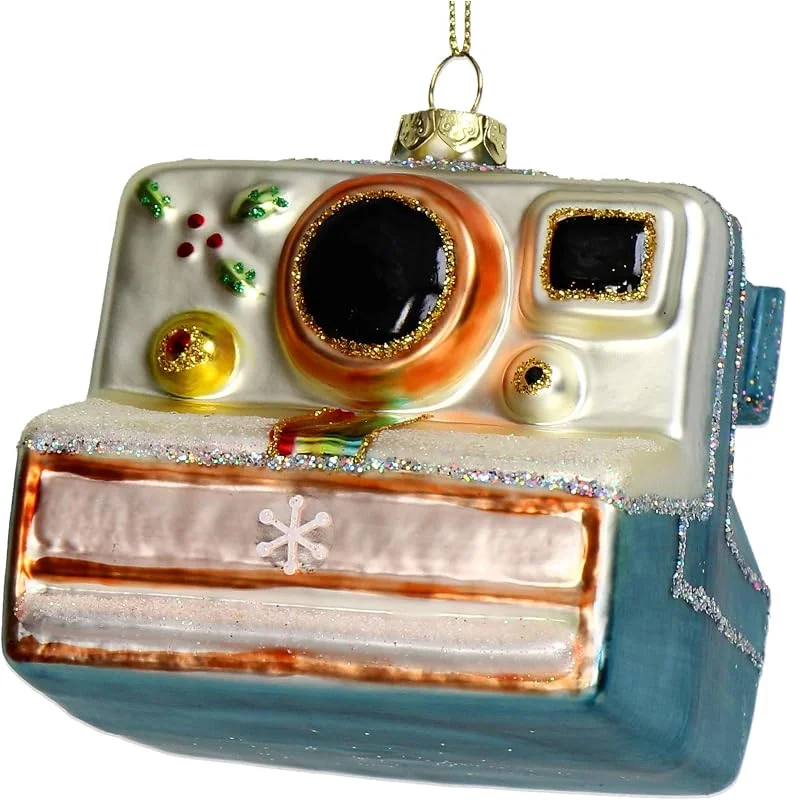 HD Collection Adorno para árbol de Navidad de 8, 3 cm de cristal, para colgar, pintado a mano y con purpurina, colgante para árbol de Navidad y decoración para árbol de Navidad, cámara de fotos azul — Decoracion Navidad