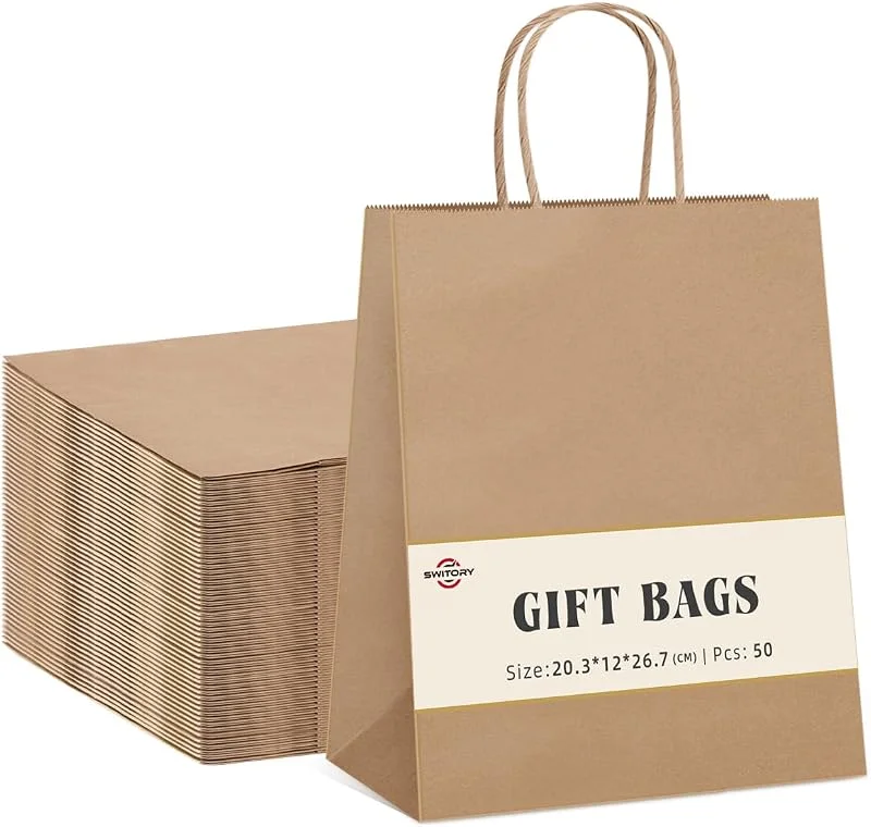 Visita la tienda de Switory Switory Bolsa de papel Kraft de 50 piezas con asa, bolsa de regalo de compras marrón de 20x12x26, 5cm para regalos de fiesta, embalaje, personalización, transporte, venta al por menor, boda — Envoltorio regalo
