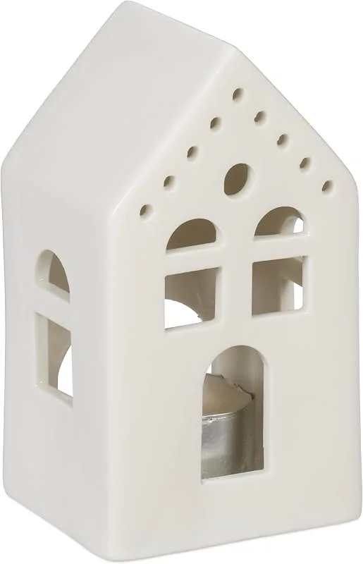 Visita la tienda de Relaxdays Relaxdays Casita Portavelas de Cerámica, Casa de Luz para 1 Vela de Té, 12 x 6, 5 x 6 cm, Portacandelitas, Blanco — Adviento y mesa